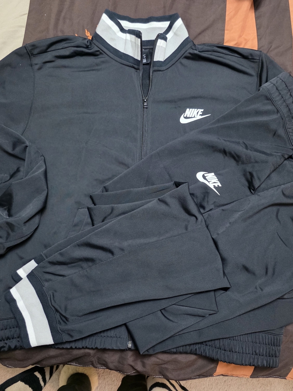 Nike Black Track Suit with White Logos and Grey-Trim Collar